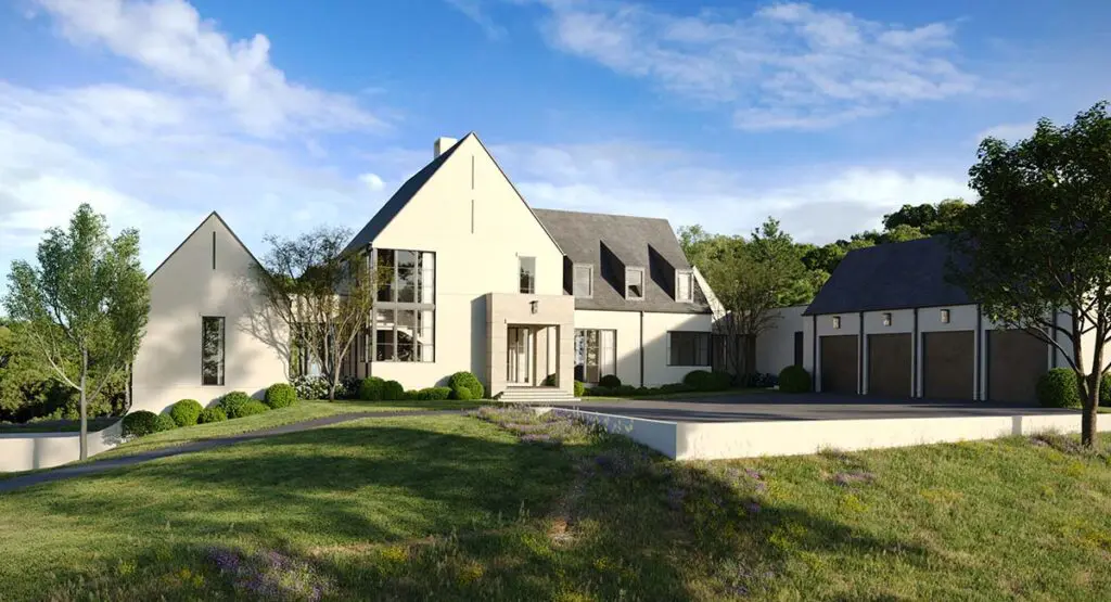 Modern white house with dark gray roof and manicured lawn, clear blue sky.